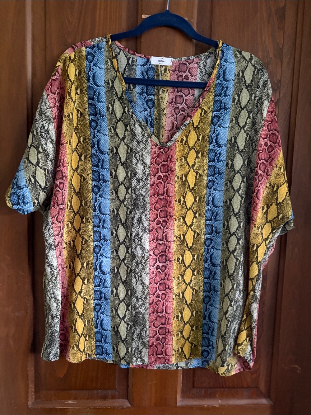 entro Multicolor Snake-Print V-Neck Top — Yellow, Blue, Pink, Cream